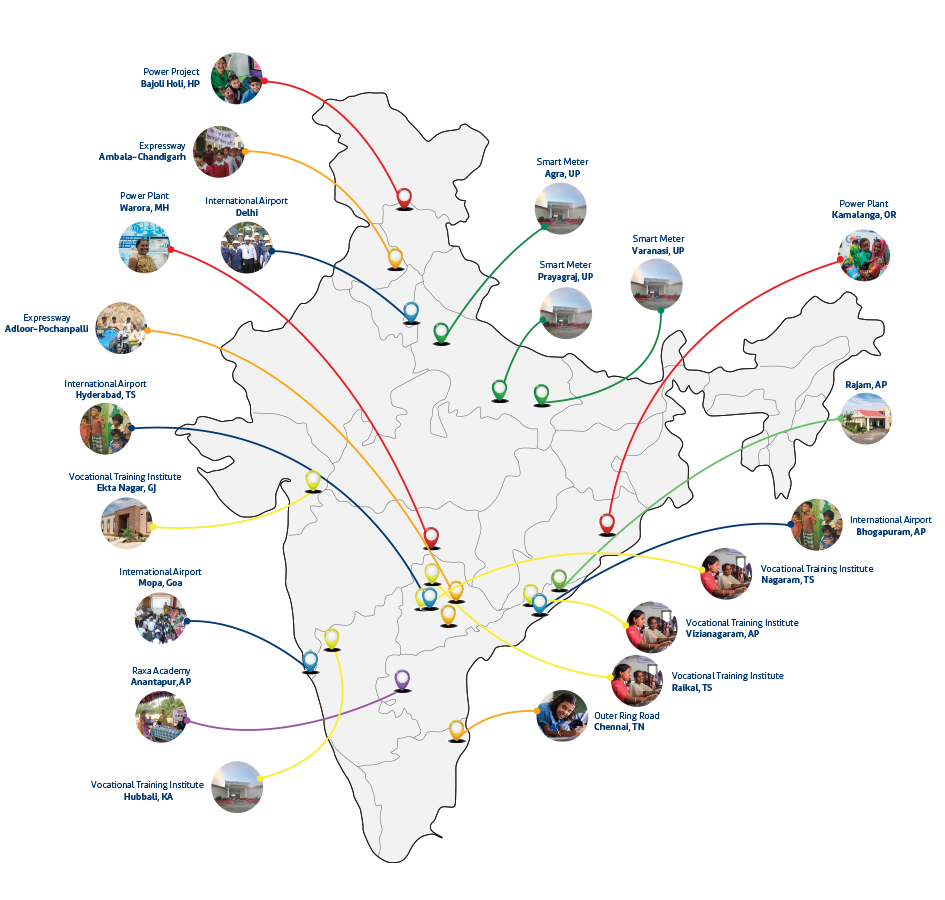Image of a news map highlighting GMR Group's projects.